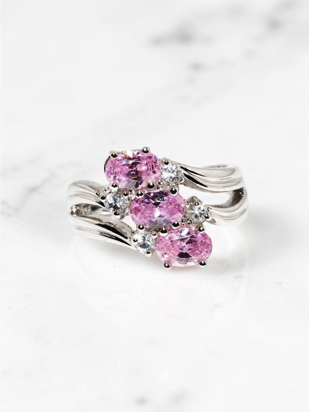 Solid 925 Sterling Silver Pink CZ Diamond Look 3 Stone Ring 2.05ctw Size 7.25